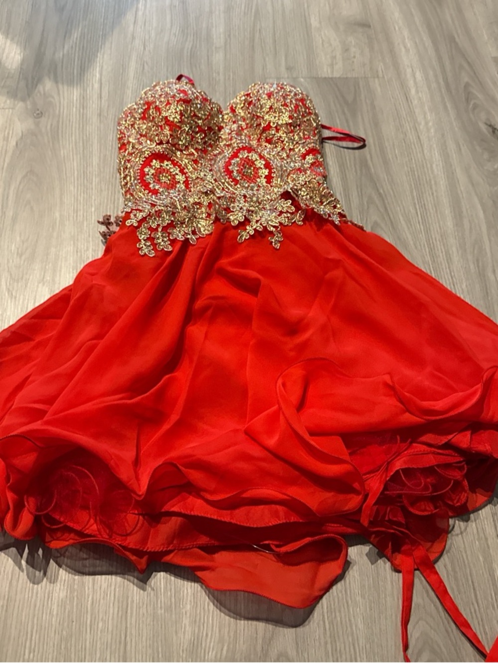 Red Strapless Mini Dress with Gold Beaded Bodice